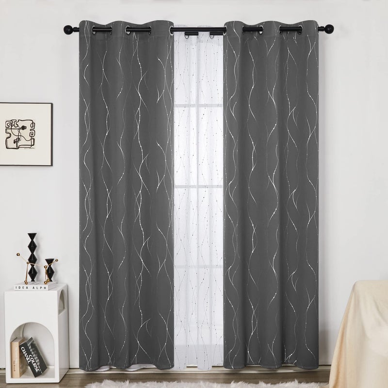Deconovo Blackout Curtains, Light Grey Thermal Grommet Drapes, Silver Wave Dots Foil Print, Thermal Window Panels, 42" W x 95" L, 2 Panels, for Bedroom Living Room Patio Door - Image 2